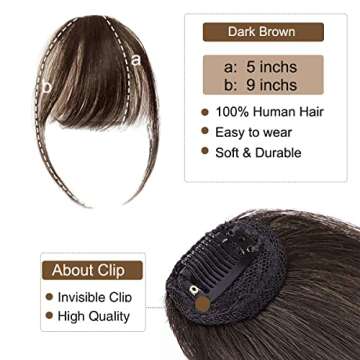 Bangs Hair Clip in Bangs for Women 100% Human Hair Wispy Bangs Fringe with Temples Hairpieces Clip on Air Bangs Flat Neat Bangs Hair Extension for Daily Wear (Dark Brown)