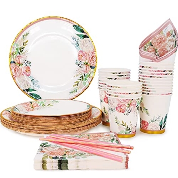 Boosolo Floral Party Supplies: Elegant Plates & Napkins Set for 24 Guests