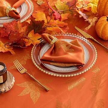 joycloth Fall Tablecloth Autumn Metallic Leaf Weaven Damask Farbric Tablecloths, Spillproof Easy Care Tablecover for Thanksgiving, Harvest, Gathering Party Decoration, Rust, 60 x 84 Inch