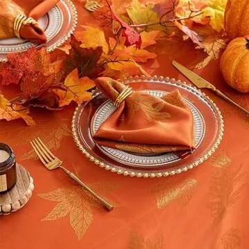 joycloth Fall Tablecloth Autumn Metallic Leaf Weaven Damask Farbric Tablecloths, Spillproof Easy Care Tablecover for Thanksgiving, Harvest, Gathering Party Decoration, Rust, 60 x 84 Inch