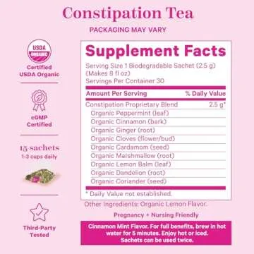 Pink Stork Organic Constipation Tea - Natural & Gentle Support for Digestion, Gas, and Constipation - Prenatal Essentials - Pregnancy and Postpartum Must Haves - 15 Sachets Cinamon Mint Laxative Tea