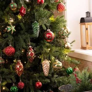 Valery Madelyn Glass Christmas Ornaments Set, 10ct Red Green and Gold Mercury Blown Glass Christmas ...