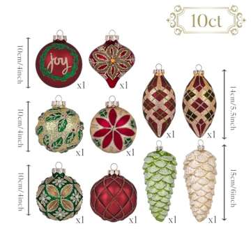 Valery Madelyn Glass Christmas Ornaments Set, 10ct Red Green and Gold Mercury Blown Glass Christmas Tree Ball Decorations, Traditional Country Xmas Hanging Teardrop Finial Bulk for Holiday Decor