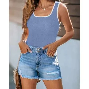 PRETTYGARDEN Women's Summer Tank Top Ribbed Knit Scoop Neck Sleeveless Color Block Slim Fitted Tops Basic Casual Tee Shirts (Grey Blue,Small)