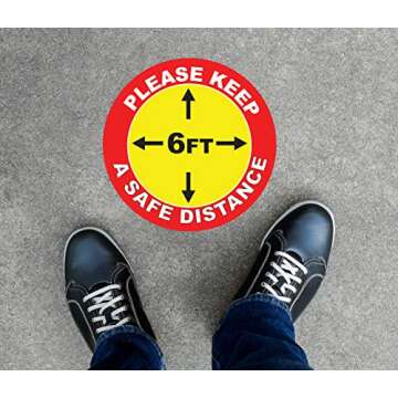 Please Keep Safe 6 Foot Distance Social Distancing Indoor Floor Decal. 10" x 10". 6 Pack (6-Decals). Industrial UV Grade Anti-Slip. Health Measures. Made in USA. Free Shipping