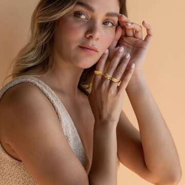 POWNOOL 18K Gold Plated Chunky Dome Ring for Women, Croissant Twisted Signet Braided Twisted Signet Puffy Dome CZ Stacking Thick Band Ring Star Statement Wedding Ring Jewelry