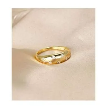 POWNOOL 18K Gold Plated Chunky Dome Ring for Women, Croissant Twisted Signet Braided Twisted Signet Puffy Dome CZ Stacking Thick Band Ring Star Statement Wedding Ring Jewelry