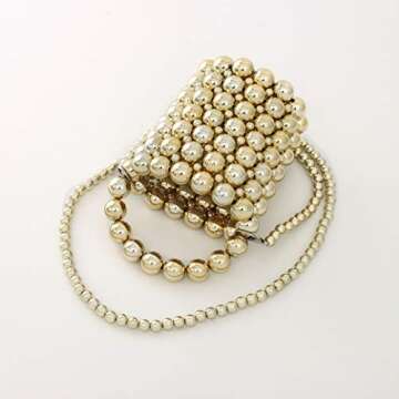YIFEI Women Beaded Evening Bucket Handmade Bags with Detachable Chain for Wedding Party (Gold)