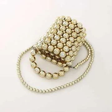 YIFEI Women Beaded Evening Bucket Handmade Bags with Detachable Chain for Wedding Party (Gold)