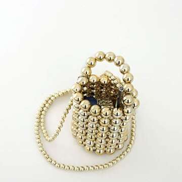 YIFEI Women Beaded Evening Bucket Handmade Bags with Detachable Chain for Wedding Party (Gold)