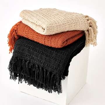 HORIMOTE HOME Chunky Black Knitted Throw Blanket for Couch, Chair, Sofa, or Bed - Chic Boho Style with Textured Basket Weave Pattern & Decorative Fringe - 50"x60" Blanket