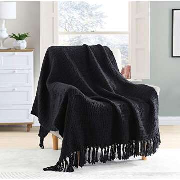 HORIMOTE HOME Chunky Black Knitted Throw Blanket for Couch, Chair, Sofa, or Bed - Chic Boho Style with Textured Basket Weave Pattern & Decorative Fringe - 50"x60" Blanket