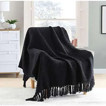 HORIMOTE HOME Chunky Black Knitted Throw Blanket for Couch, Chair, Sofa, or Bed - Chic Boho Style with Textured Basket Weave Pattern & Decorative Fringe - 50"x60" Blanket