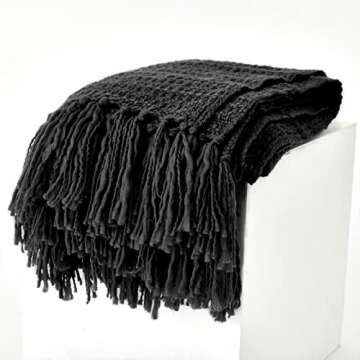 HORIMOTE HOME Chunky Black Knitted Throw Blanket for Couch, Chair, Sofa, or Bed - Chic Boho Style with Textured Basket Weave Pattern & Decorative Fringe - 50"x60" Blanket