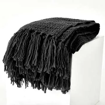 HORIMOTE HOME Chunky Black Knitted Throw Blanket for Couch, Chair, Sofa, or Bed - Chic Boho Style with Textured Basket Weave Pattern & Decorative Fringe - 50"x60" Blanket