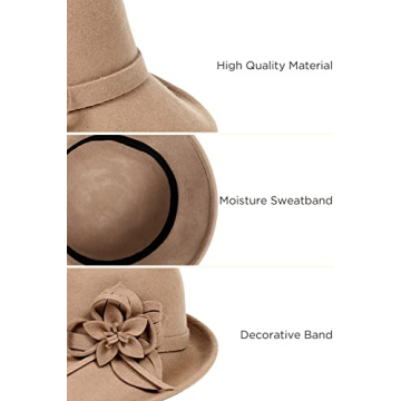 BABEYOND 1920s Bucket Hat - Vintage Wool Cloche with Floral Accent