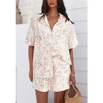 PRETTYGARDEN Women Summer 2 Piece Beach Outfits Printed Short Sleeve Tops Lounge Shorts Casual Track...