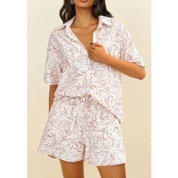 PRETTYGARDEN Women Summer 2 Piece Beach Outfits Printed Short Sleeve Tops Lounge Shorts Casual Tracksuit Set (Beige,Medium)