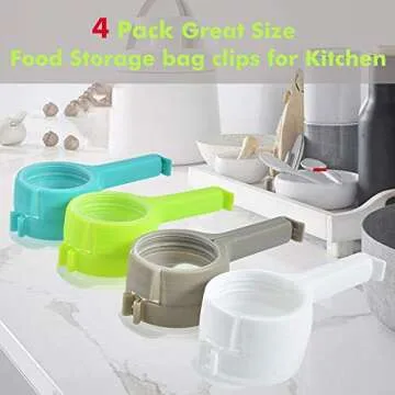 4pcs Food Bag Clips with Pour Spouts, Great Clips Bags for Kitchen, Suitable for Small Particle Food, Liquid,Flour and Baby Food Storage Organizer