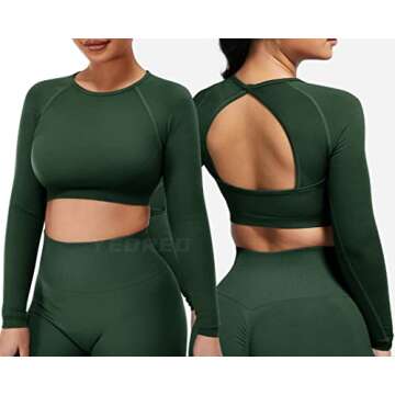 YEOREO Women Workout Long Sleeve Crop Top Seamless Workout Gym Shirts Open Back Tee Yoga Tops Evergreen