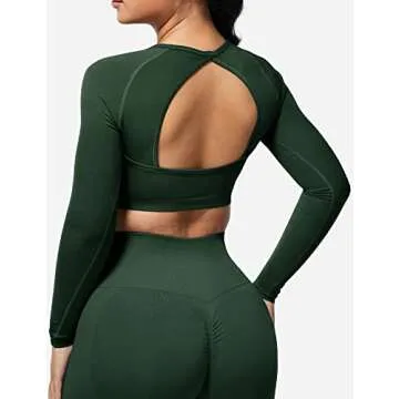 YEOREO Women Workout Long Sleeve Crop Top Seamless Workout Gym Shirts Open Back Tee Yoga Tops Evergreen