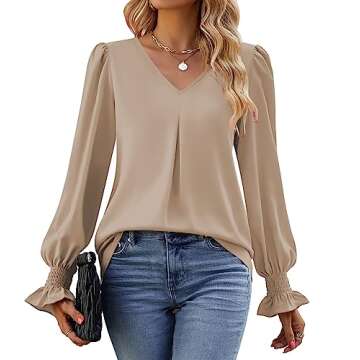 Funlingo Womens 2025 Dressy Causal Blouses Fall Long Puff Sleeve Tunic Tops Flowy Chiffon V-Neck Business Shirts Work Clothes Khaki Plus XX-Large