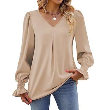 Funlingo Womens 2025 Dressy Causal Blouses Fall Long Puff Sleeve Tunic Tops Flowy Chiffon V-Neck Business Shirts Work Clothes Khaki Plus XX-Large