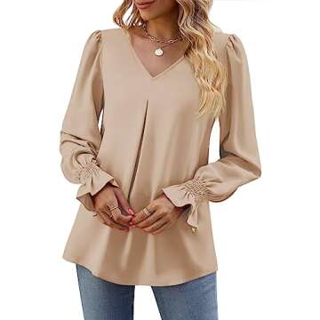 Funlingo Womens 2025 Dressy Causal Blouses Fall Long Puff Sleeve Tunic Tops Flowy Chiffon V-Neck Business Shirts Work Clothes Khaki Plus XX-Large