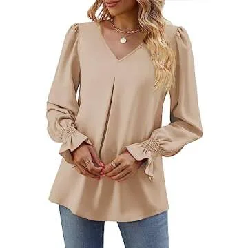 Funlingo Womens 2025 Dressy Causal Blouses Fall Long Puff Sleeve Tunic Tops Flowy Chiffon V-Neck Business Shirts Work Clothes Khaki Plus XX-Large