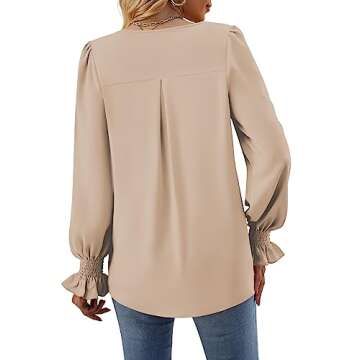Funlingo Womens 2025 Dressy Causal Blouses Fall Long Puff Sleeve Tunic Tops Flowy Chiffon V-Neck Business Shirts Work Clothes Khaki Plus XX-Large