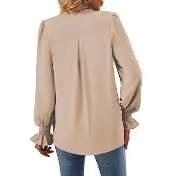Funlingo Womens 2025 Dressy Causal Blouses Fall Long Puff Sleeve Tunic Tops Flowy Chiffon V-Neck Business Shirts Work Clothes Khaki Plus XX-Large