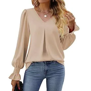 Funlingo Womens 2025 Dressy Causal Blouses Fall Long Puff Sleeve Tunic Tops Flowy Chiffon V-Neck Business Shirts Work Clothes Khaki Plus XX-Large