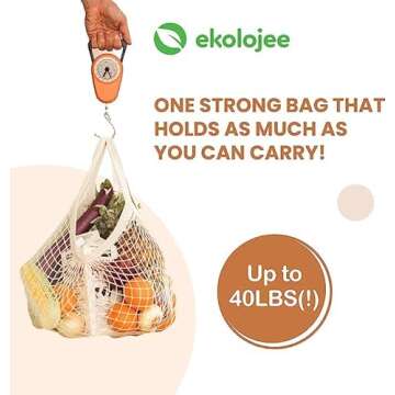 EKOLOJEE Reusable Produce Net Bags Grocery Washable, Mesh Bags For Vegetables, 4 Pack! Gots-Certified Organic Cotton String Mesh Net Market Bag | Mesh Produce Bag Off-white Color Regular Handles