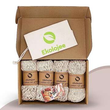 EKOLOJEE Reusable Produce Net Bags Grocery Washable, Mesh Bags For Vegetables, 4 Pack! Gots-Certified Organic Cotton String Mesh Net Market Bag | Mesh Produce Bag Off-white Color Regular Handles