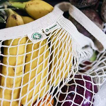 EKOLOJEE Reusable Produce Net Bags Grocery Washable, Mesh Bags For Vegetables, 4 Pack! Gots-Certified Organic Cotton String Mesh Net Market Bag | Mesh Produce Bag Off-white Color Regular Handles