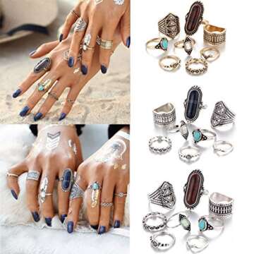Vintage Rings,Leewos Women Boho Crystal Flower Knuckle Tibetan Turkish Rings Jewelry Gift Set 8PCS (Black)