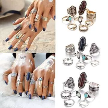 Vintage Rings,Leewos Women Boho Crystal Flower Knuckle Tibetan Turkish Rings Jewelry Gift Set 8PCS (Black)
