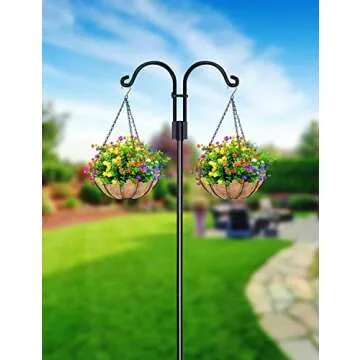 STAUKOK Double Shepherds Hooks for Outdoor, 2 Pack 76 Inch Bird Feeder Pole with 5 Prongs Base, Heavy Duty Garden Hook for Hanging Plant, Lantern, Hummingbird Feeder