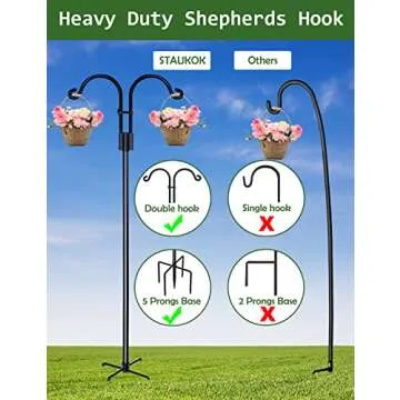 STAUKOK Double Shepherds Hooks for Outdoor, 2 Pack 76 Inch Bird Feeder Pole with 5 Prongs Base, Heavy Duty Garden Hook for Hanging Plant, Lantern, Hummingbird Feeder