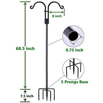 STAUKOK Double Shepherds Hooks for Outdoor, 2 Pack 76 Inch Bird Feeder Pole with 5 Prongs Base, Heavy Duty Garden Hook for Hanging Plant, Lantern, Hummingbird Feeder