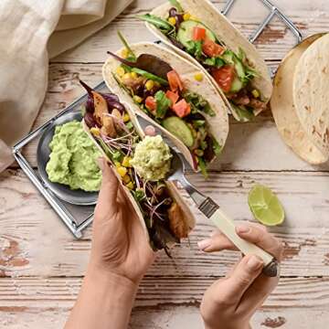 Taco Holders with Salad Cup set of 3,Stainless Steel Taco Shell Holder Stand,Taco Tray Plates for Taco Bar Gifts Accessories,Holds 4 Tacos Each,Oven Safe for Baking, Dishwa sher and Grill Safe