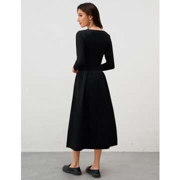 Ymejia Womens Long Sleeve Drop Waist Midi Dress Flowy Square Neck Slim Fit Casual A Line Long Dresses with Pockets Black