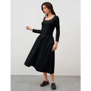 Ymejia Womens Long Sleeve Drop Waist Midi Dress Flowy Square Neck Slim Fit Casual A Line Long Dresses with Pockets Black
