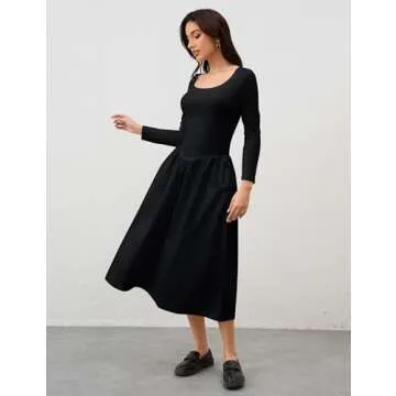Ymejia Womens Long Sleeve Drop Waist Midi Dress Flowy Square Neck Slim Fit Casual A Line Long Dresses with Pockets Black