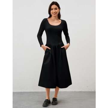 Ymejia Womens Long Sleeve Drop Waist Midi Dress Flowy Square Neck Slim Fit Casual A Line Long Dresses with Pockets Black