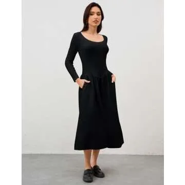 Ymejia Womens Long Sleeve Drop Waist Midi Dress Flowy Square Neck Slim Fit Casual A Line Long Dresses with Pockets Black