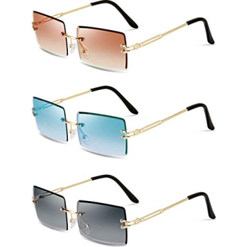 3 Pairs Rimless Rectangle Sunglasses Tinted Frameless Eyewear Vintage Transparent Y2K Glasses for Wo...