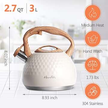 Tea Kettle - Harriet 3 Liter Tea Pot for Stove Top Whistling Kettle with 3-Layers Durable Bases - Food Grade Stainless Steel Kettles with Hot-Resistant Handle Gas Electric Applicable - Beige White