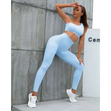 Sportneer Workout Sets for Women 2 Piece, Ribbed Seamless Cute One Shoulder Sports Bra and High Waisted Leggings Matching Gym Yoga Set Outfits Work Out Set Sky Blue L