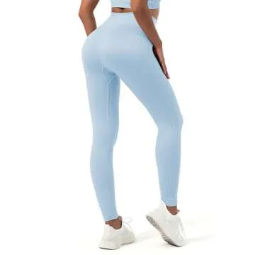 Sportneer Workout Sets for Women 2 Piece, Ribbed Seamless Cute One Shoulder Sports Bra and High Waisted Leggings Matching Gym Yoga Set Outfits Work Out Set Sky Blue L